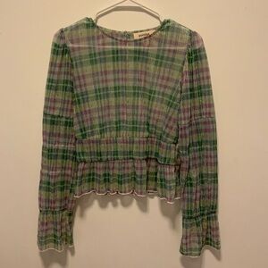 Anthropologie Green and Pink Plaid Blouse